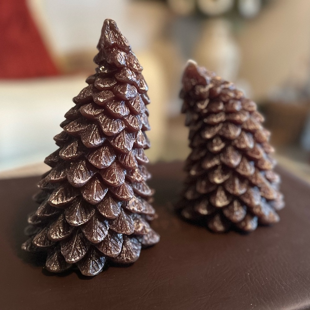 Pair of Whimsical Tree Pinecone Christmas Wax Accent Candles |  4” x 8”/6.5”